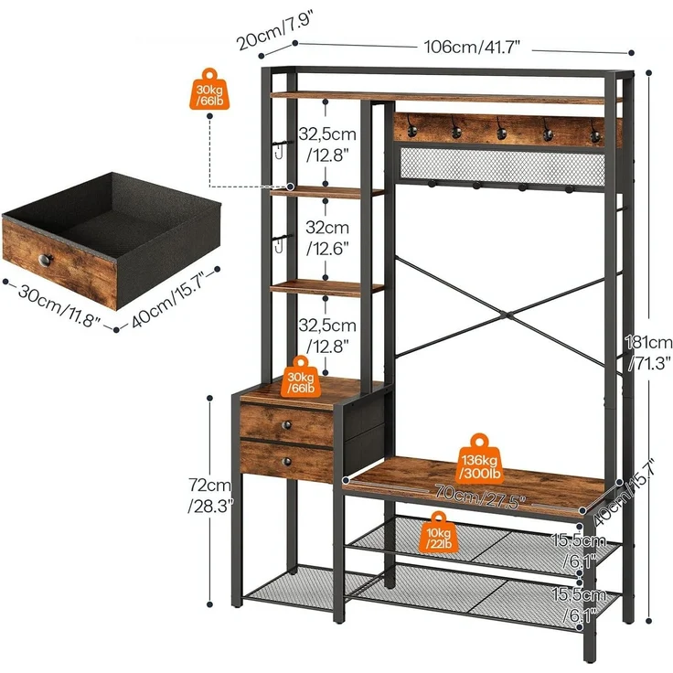 Hoobro Garderobenständer mit Schuhbank, (Schuhregal mit Garderobe, Eingangsmöbel mit Haken und Schubladen aus Vliesstoff), Garderobe mit Sitzbank, für Wohnzimmer, Flur – Bild 2