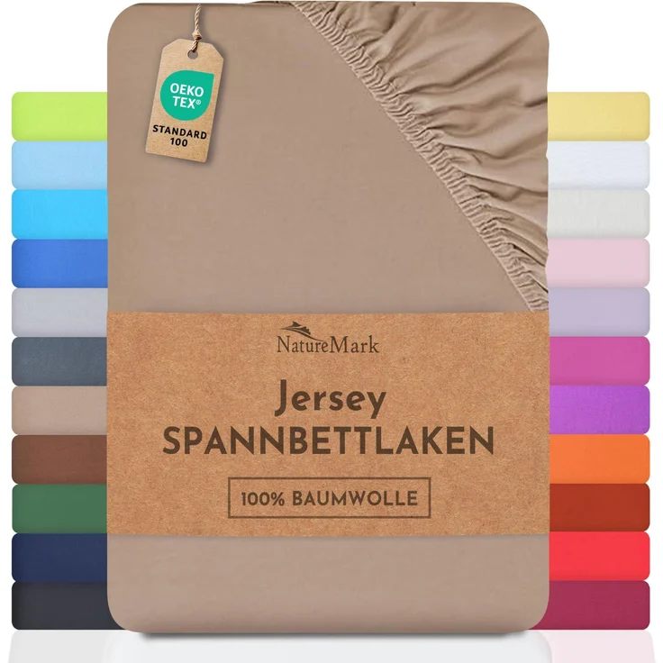 NatureMark Jersey Spannbettlaken, Spannbetttuch 100% Baumwolle in vielen Größen und Farben MARKENQUALITÄT ÖKOTEX Standard 100 | 90x200 cm - 100x200 cm - Sand/beige