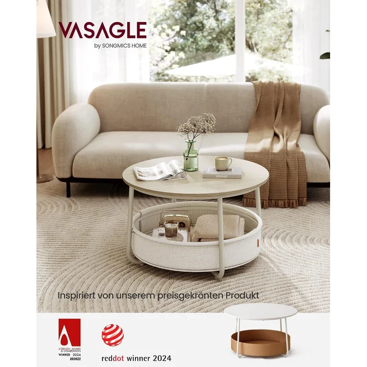 VASAGLE Couchtisch, Beistelltisch, Wohnzimmertisch mit Korb aus Stoff, modern, ∅75 x 45 cm, beige – Bild 4
