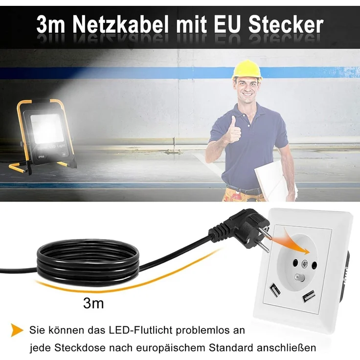 FIVMEN LED Flutlichtstrahler LED Baustrahler mit 3M Kabel LED Fluter Arbeitsscheinwerfer, für Innen-und Außenbereich,Garage, Baustelle, Sportplatz – Bild 2