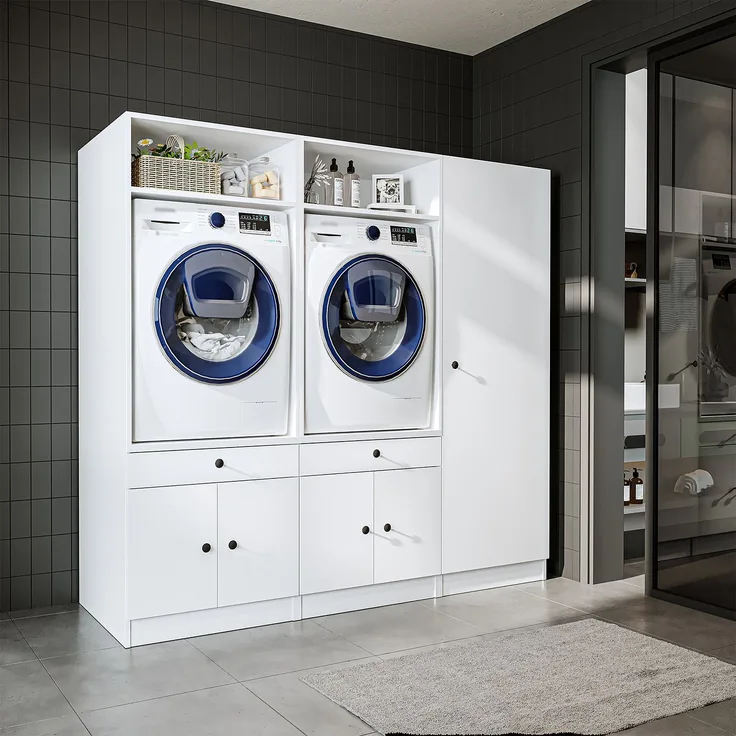 Roomart Schrankwand für Waschküche & Hauswirtschaftsraum - SERIE 1 - 194 cm breit, mit Ausziehbrett & Stauraum, Waschmaschinen-Schrankkombination • Weiß