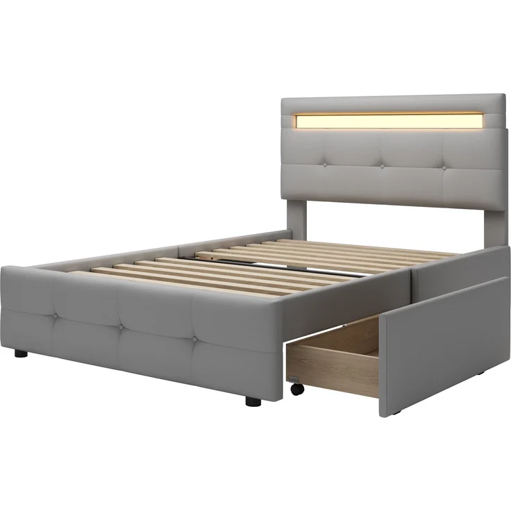 Polsterbett 90x200 cm mit LED-Beleuchtung und Schubladen – klassisches Design, höhenverstellbares Kopfteil – Bild 7