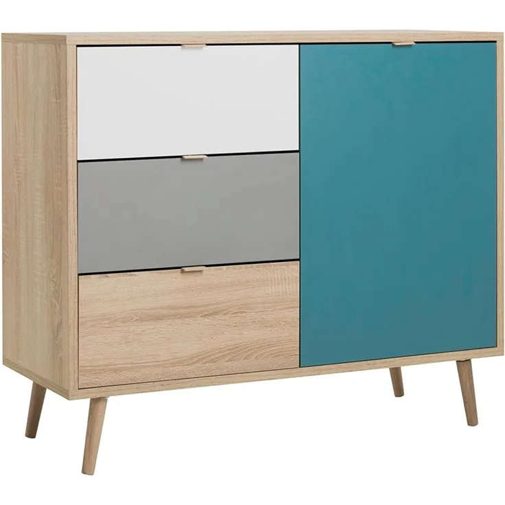Finori Cuba 1 Kommode, Dekor Sonoma Eiche / Tricolor | Kommode für Wohnzimmer | Maß: B x H x T ca. 103 x 87 x 40 cm | Kommode mit 1 Tür, 1 Einlegeboden und 3 Schubkästen