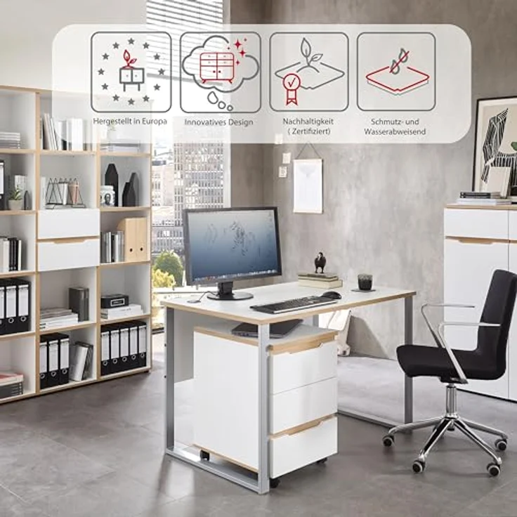Stella Trading Memphis Schreibtisch in Weiß, Artisan Eiche Optik - Moderner Bürotisch Computertisch mit Metallgestell & Kabeldurchführungen - 170 x 77 x 73 cm (B/H/T) – Bild 5