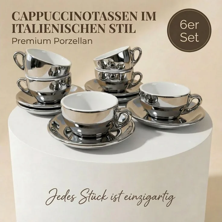 MUVELL Cappuccinotasse 6er Cappuccino-Set "BARI" Tasse 200ml + Untertasse, chrome, 6-tlg, Keramik, 200 ml Silber - Chrome mit weißen Rand und Innenfläche