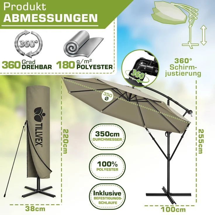 tillvex Sonnenschirm Braun Ø 350 cm Ampelschirm Gartenschirm Marktschirm Kurbel Balkon Alu Neigbar Braun - Ø350cm – Bild 2