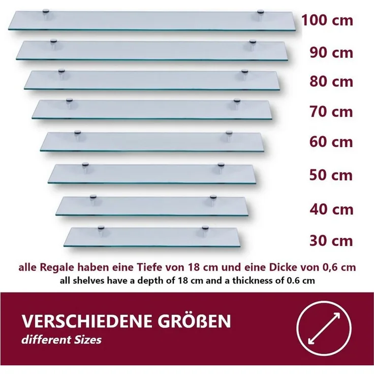 HOOZ Wandregal aus Sicherheitsglas mit Halterung - Klarglas - 30 x 18 x 0,6 cm, 1-tlg, mit geschliffenen Kanten