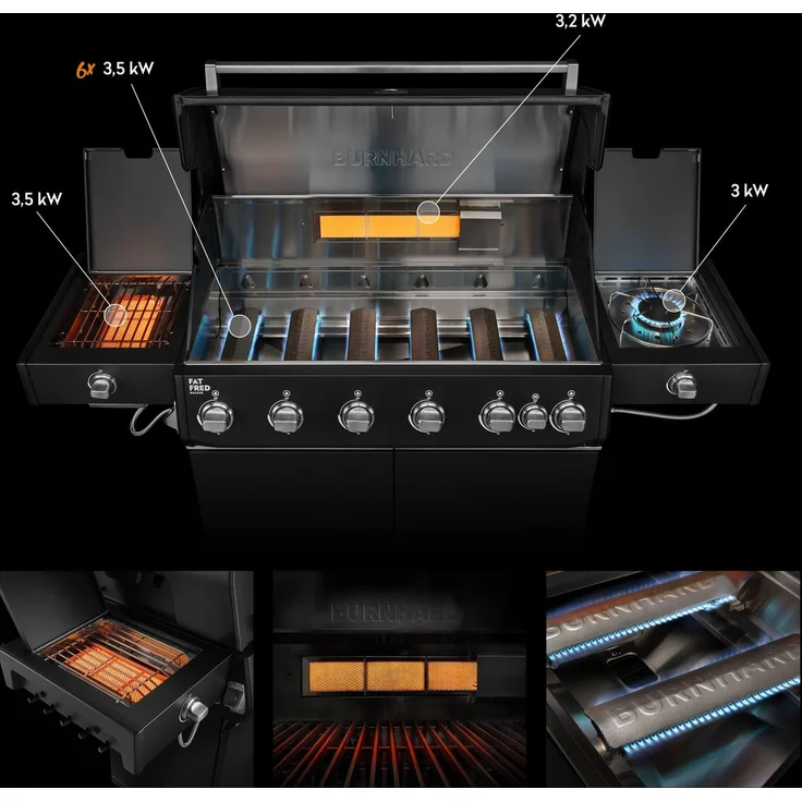 BURNHARD® Gasgrill 6-Brenner, 6x Longlife Premium-Gussbrenner, 900°C Infrarot-Keramikbrenner, Seitenkochfeld, Heckbrenner, Piezo-Zündung, Edelstahlrost, Fat FRED Deluxe+, Schwarz – Bild 2