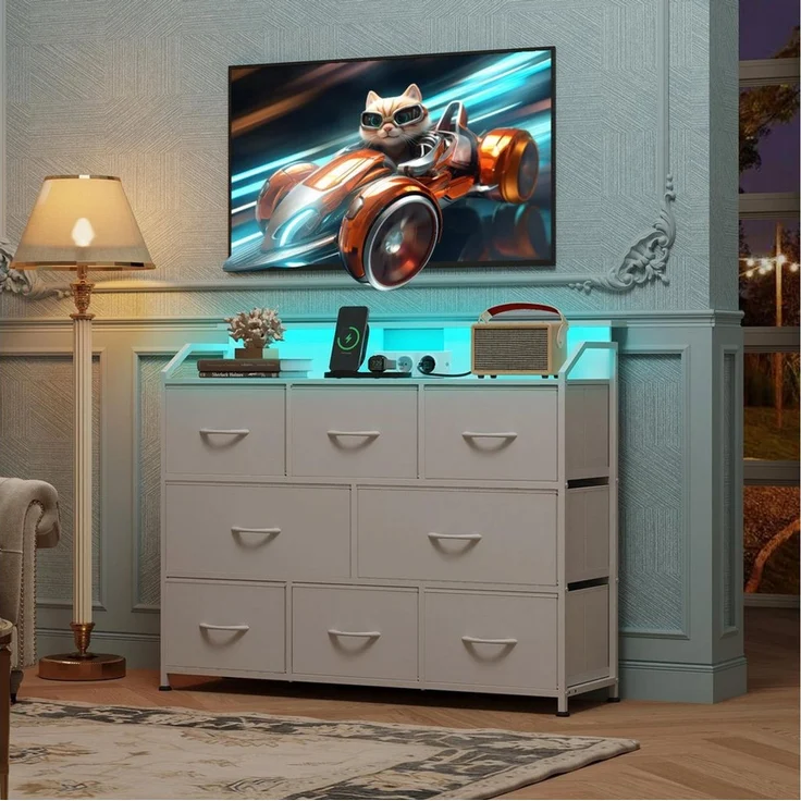 WLIVE Kommode mit 8 Stoffschubladen, LED-Beleuchtung und Ladestation (Aufbewahrungsschrank mit Holzplatte und Metallgestell, Aufbewahrungsschrank mit Holzplatte und Metallgestell), Schlafzimmerkommode für Wohnzimmer, Flur und Schlafzimmer – Bild 2