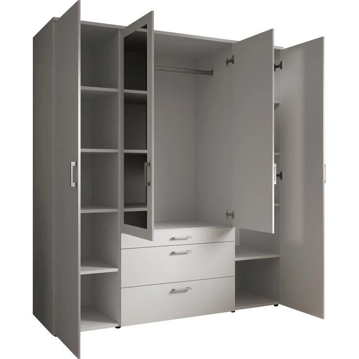 Drehtürenschrank >Vesala< 4 Türen, 3 Schübe, Weiß / Spiegel - 180x195x56cm (BxHxT) – Bild 7