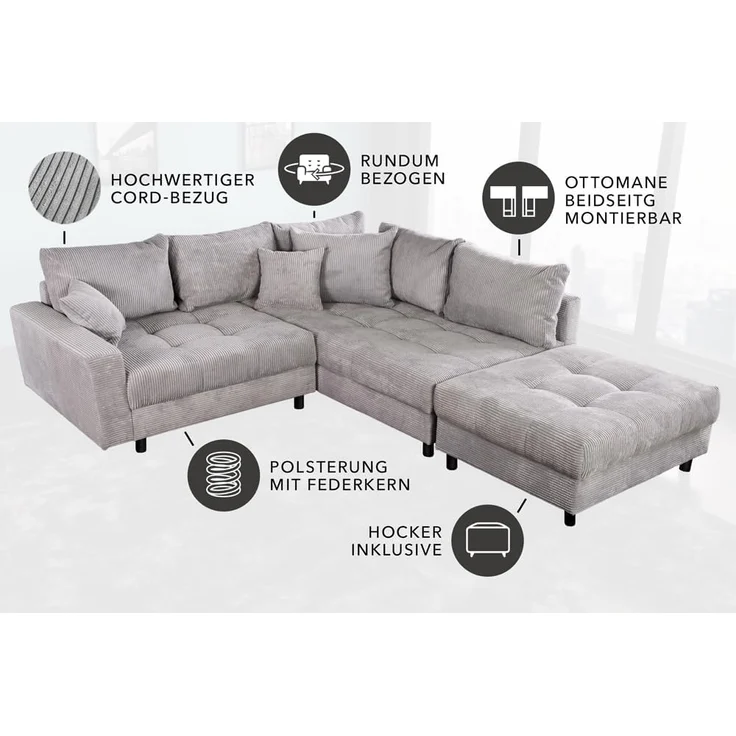 riess-ambiente Ecksofa KENT 220cm hellgrau / schwarz, Einzelartikel 1 Teile, Wohnzimmer · Cord · mit Federkern · inklusive Hocker · L-Form · Modern – Bild 7