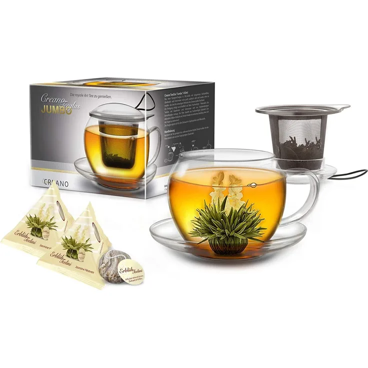 Creano XXL Teetasse mit Henkel Jumbo mit integriertem Edelstahlsieb, Deckel und Untersetzer im Set mit 2 ErblühTeelini, 450ml