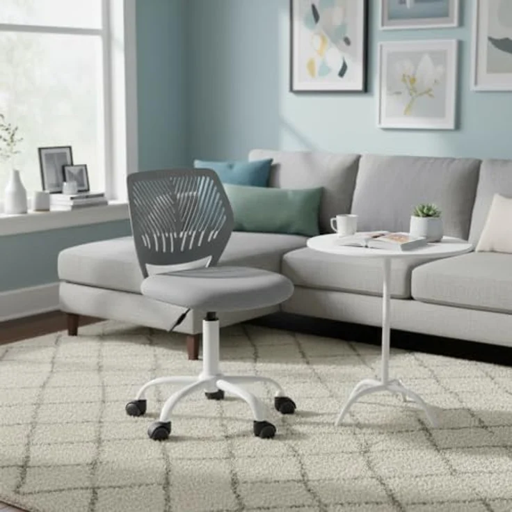 FurnitureR Wohnzimmer Sessel & Stühle ergonomischer Drehstuhl ohne Armlehnen, höhenverstellbar, Netzstoff, Metallfuß mit Rollen, 38x40 cm Sitz, 32cm Rückenlehne, Dunkelgrau – Bild 3