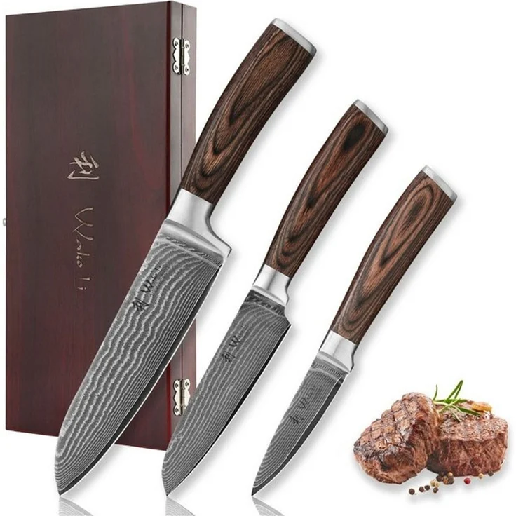 Wakoli Messer-Set Edib 3er Damastmesser-Set I Kochmesser Küchenmesser I 8 -17cm Klingen (Küchenmesser Set in Holzbox, 3-tlg, 1x Santoku, 1x Santoku klein, 1x Spickmesser), VG10 Kern, langanhaltende Schärfe – Bild 4