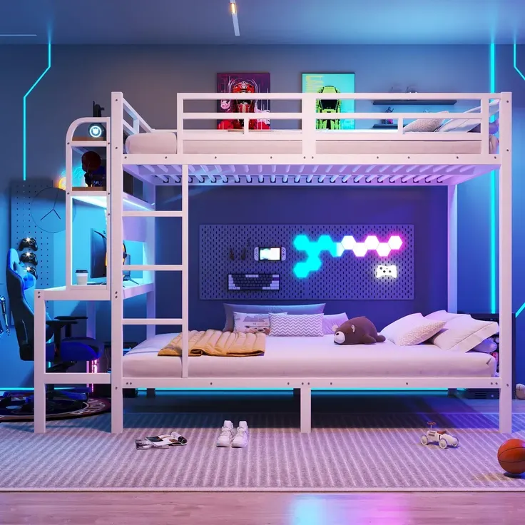 Etagenbett mit RGB LED-Lichterkette, Steckdose, USB, Schreibtisch, Leiter, Regal, Rausfallschutz und Lattenrost, 140x200cm, Metallbett, Kinderbett – Bild 2