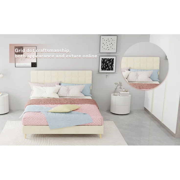 Novelux Polsterbett 140x200 cm mit Kariertem Kopfteil & Holzfüßen – Modernes Doppelbett aus Verschleißfestem Stoff, Massivholzrahmen, für Schlafzimmer, Beige – Bild 6