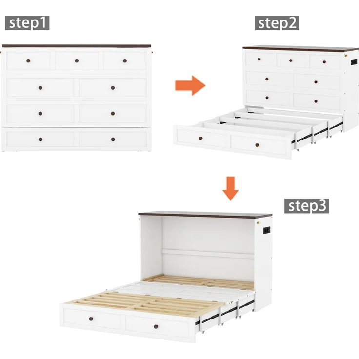 Schrankbett 140x200 cm mit Schublade und Regal, Klappbett mit integriertem USB-Anschluss und Steckdose, Bett mit Stauraum und Regalablag – Bild 5
