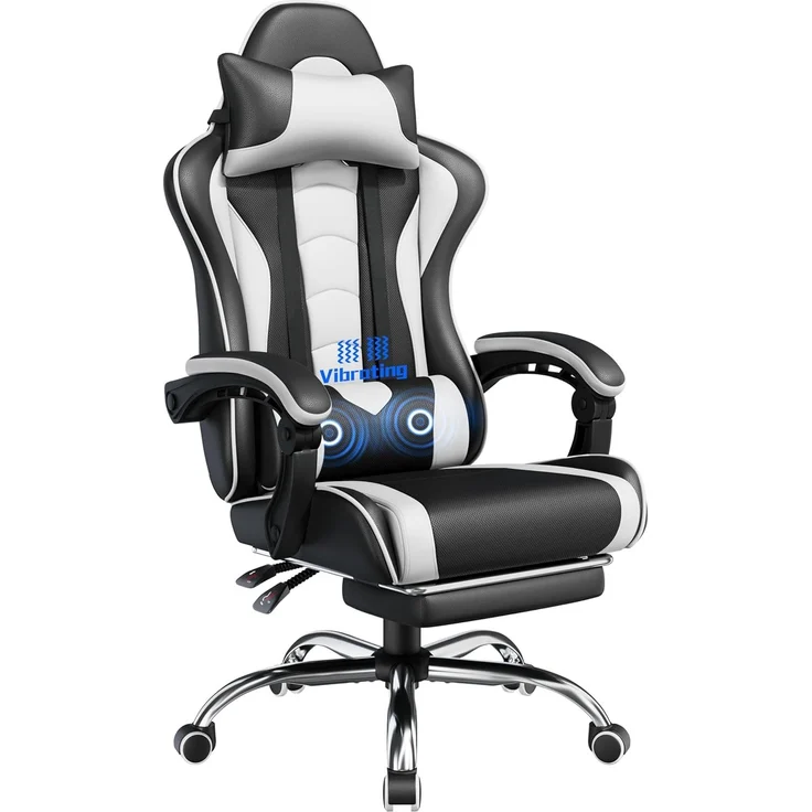 Yaheetech Gaming Stuhl Ergonomischer Gamer Stuhl mit Massagefunktion Computerstuhl mit Fußstütze Bürostuhl 90-135° Rückenlehne verstellbar Gaming Sessel PC Stuhl Weiß – Bild 1