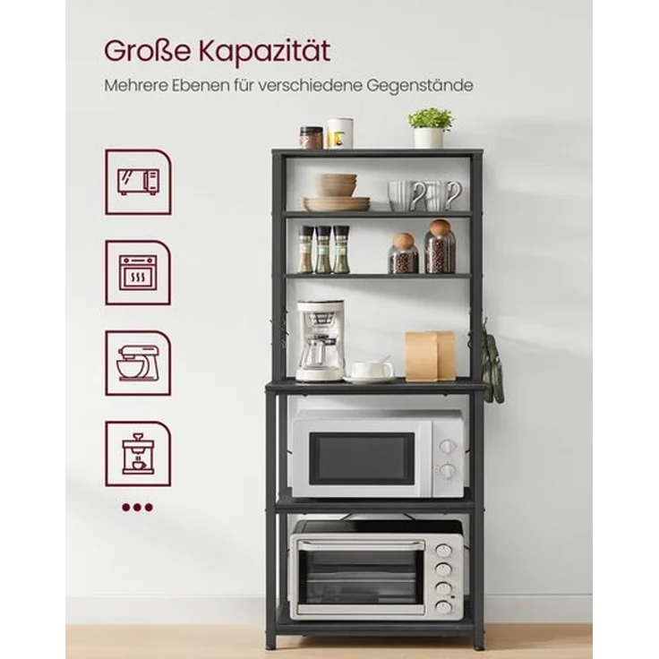 Vasagle Küchenregal mit 6 Ablagen und Haken, Stahl anthrazit, 40 x 60 x 167 cm – Bild 3