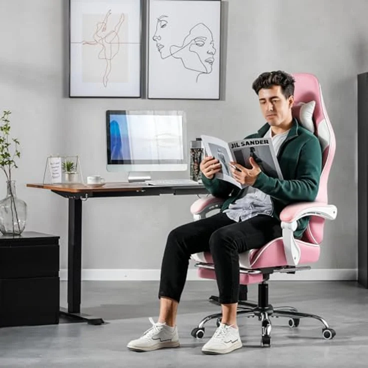 GTPLAYER Gaming Stuhl, Bürostuhl, Ergonomischer Pc Stuhl, Gaming Sessel mit Massagelendenwirbelstütze, Task Stühle mit Fußstütze und Kopfstütze, Rosa Kunstleder – Bild 3