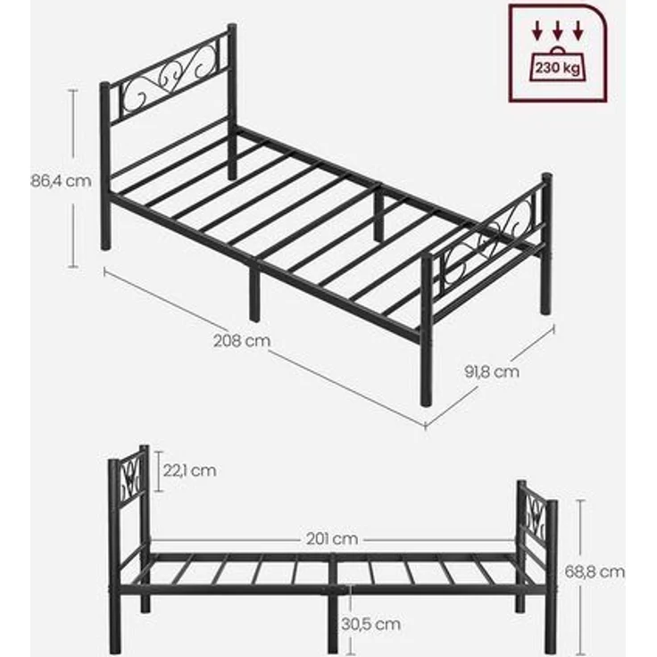 VASAGLE Bett 90 x 200 cm, Gästebett, Einzelbett aus Metall, Bettgestell, Bettrahmen, Metallbett, einfache Montage, tintenschwarz – Bild 2