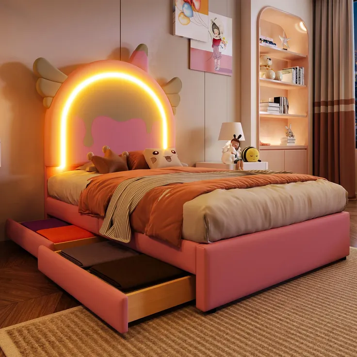 Prinzessinbett mit LED-Beleuchtung, Kopfteil und Schubladen, 90x200cm, Mädchenbett, Polsterbett für Mädchen, Einzelbett, Kunstleder – Bild 4