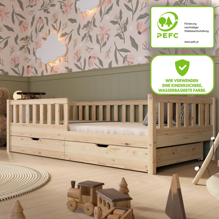 Crazy Pine 'Crazy Basic' Kinderbett mit Rausfallschutz, Skandinavisches Design, Holz, Natur, 80x160 cm, mit Schublade – Bild 3