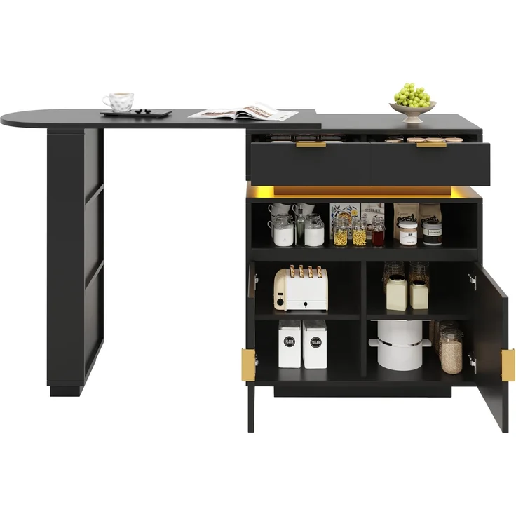 Merax Ausziehbarer Bartisch (115-183 × 40 × 99 cm), ausziehbare Kücheninsel, Bartisch mit Stauraum, LED‑Beleuchtung, 360° Drehfunktion, mobile Kaffeebar, geeignet für Küche und Esszimmer, Schwarz – Bild 10