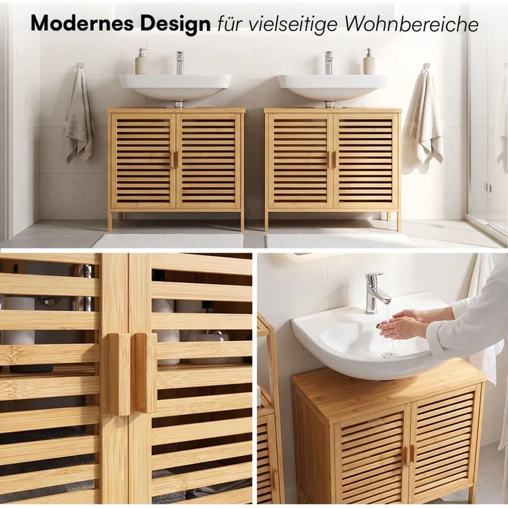 Bellamio 'Newa' Badezimmer Waschbeckenunterschrank, Bambus, natur, 60x33x65 cm, Badezimmerschrank mit 2 Ablagefächern, 2er-Set – Bild 7