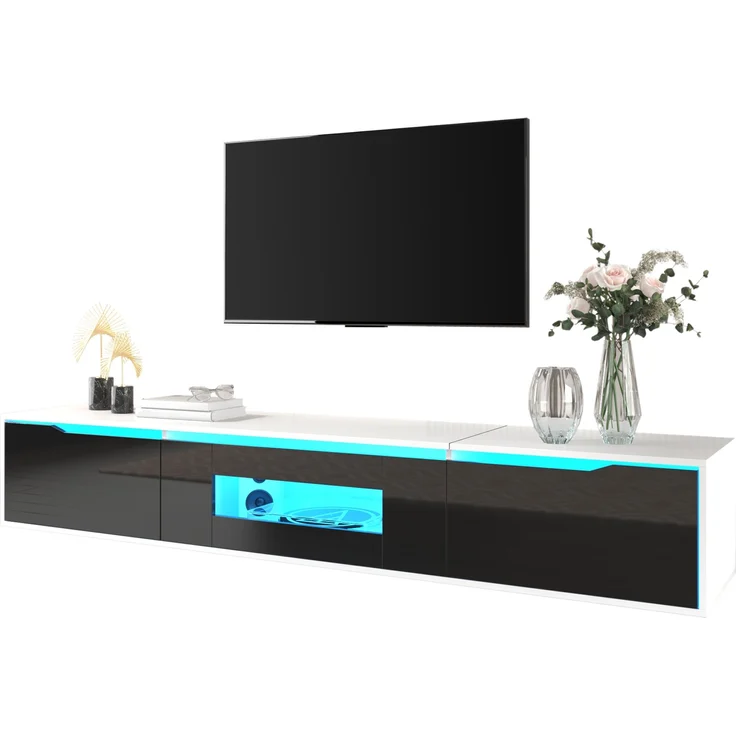 TV-Schrank, Hochglanz mit LED-Beleuchtung & geriffelten Türen, 180x35x30 cm, Weiß/Schwarz – Bild 4