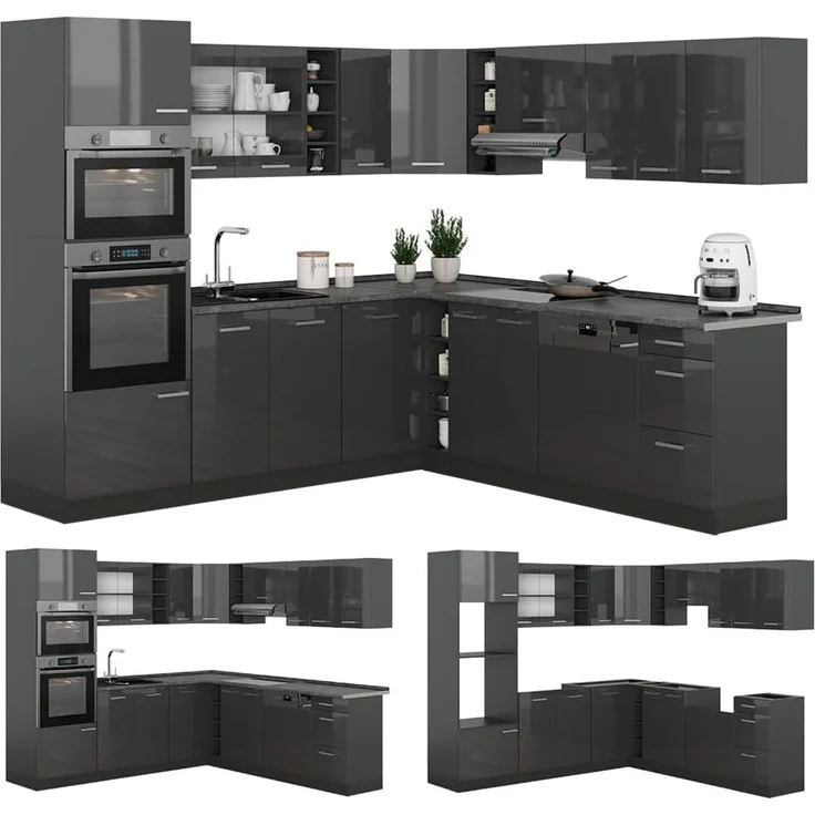 Eckküche R-Line Anthrazit Hochglanz/Anthrazit 247 x 237 cm ohne Arbeitsplatte Vicco – Bild 6