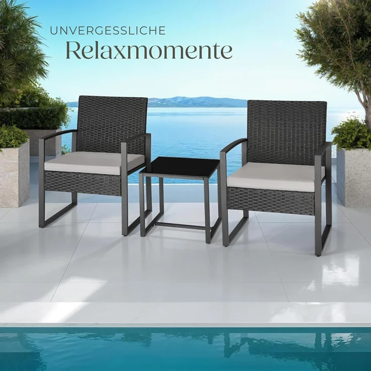 tectake® Rattan Sitzgruppe 2X Sessel mit Tisch, Balkon Möbel Set, Gartenmöbel, Balkonmöbel, Lounge klein, Stühle mit Polster inkl. Gartentisch Outdoor, wetterfest – Bild 8