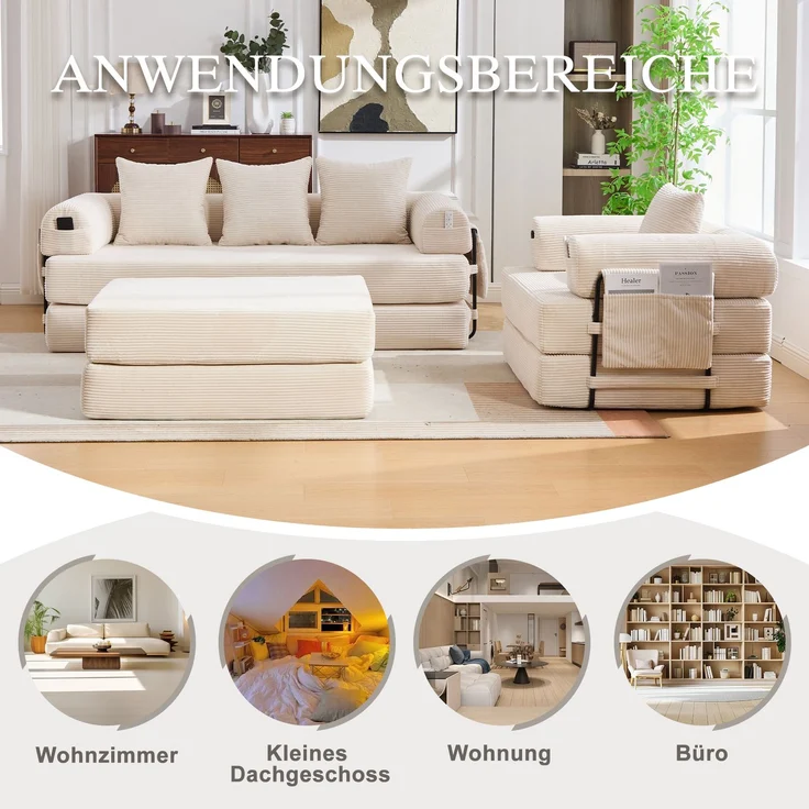 ZUBALIYA Ecksofa 94x67 cm, mit Ablageflächen, mit Cordbezug, mit breiten Armlehnen, modular aufgebaut, mit Schaumstoffpolsterung – Bild 10