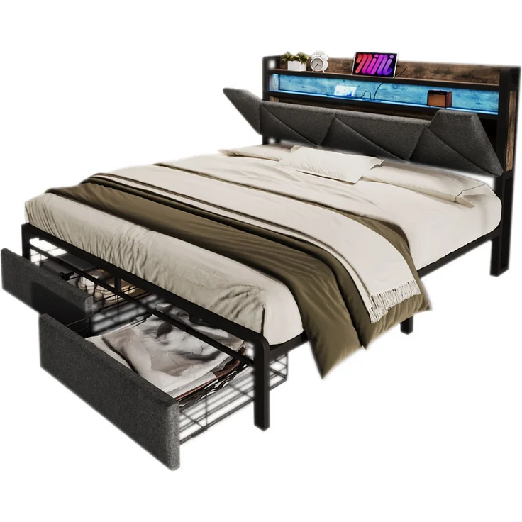 EINHOM Polsterbett mit USB Typ C Ladefunktion Stauraum-Kopfteil und LED-Beleuchtung und Schubladen, Doppelbett 140x200 Cmstauraumbetten Bettgestell mit Lattenrost aus Metallrahmen, Grau, (Ohne Matratze) – Bild 7