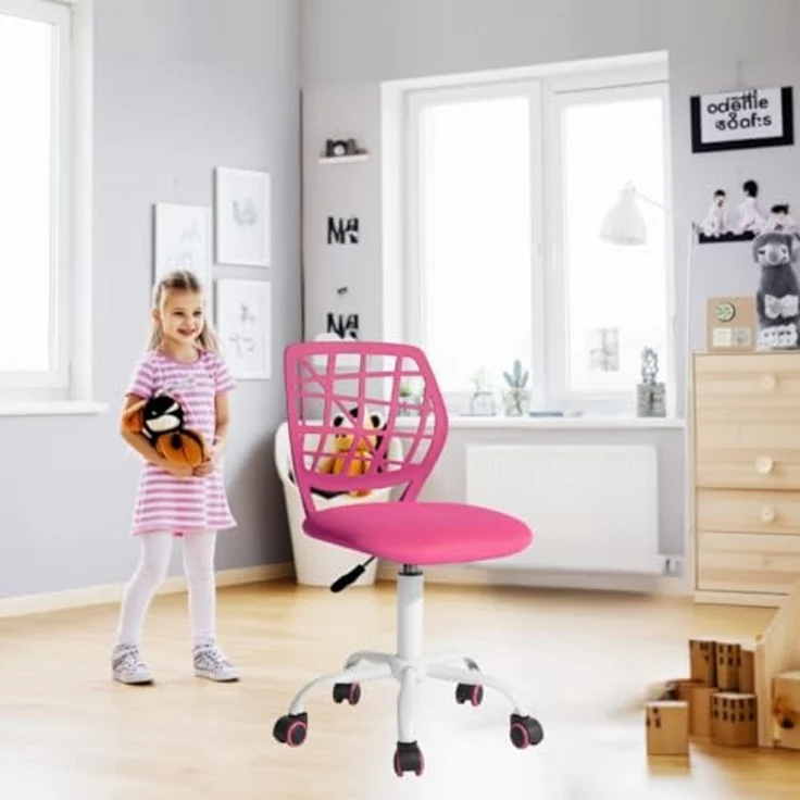 FurnitureR Kinder Schreibtischstuhl, höhenverstellbarer Drehstuhl mit kleinem Loch Rückenlehne Design, geeignet für Kinderzimmer oder Arbeitszimmer, rosa I – Bild 7