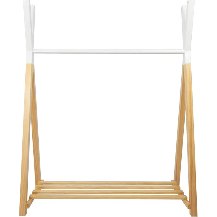 Puckdaddy Kleiderstange Hugo - 115 x 50 x 142 cm, Kleiderständer aus Kiefernholz im Tippi-Design in Weiß-Natur, moderner Garderobenständer für Baby- und Kinderzimmer, mit praktischer Schuh-Ablage