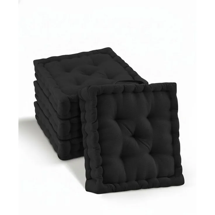 Beautissu Stuhlkissen 4er Set Bodenkissen Sitzkissen Mila, 50x50cm, Schwarz, Matratzenkissen 10cm, 100% Baumwolle Stuhlkissen Indoor & Outdoor