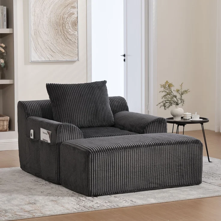 Sessel 147x110x67 cm Kordsamt Dunkelgrau mit Fußpedal und Seitentaschen, übergroßer gepolsterter Lesesessel – Bild 1