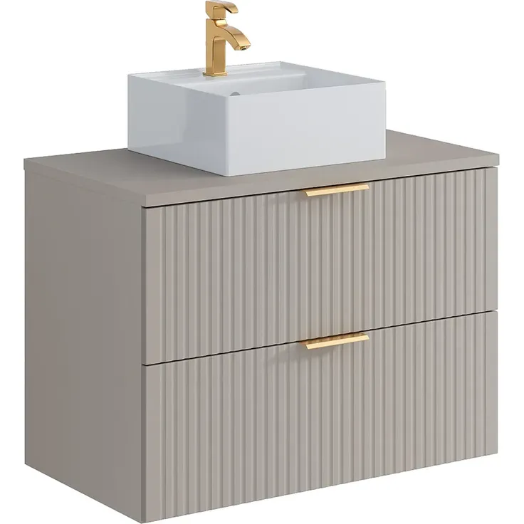 Vente-unique - Waschbeckenunterschrank hängend mit Aufsatzwaschbecken quadratisch - Streifenoptik - Beige - 80 cm - ZEVARA