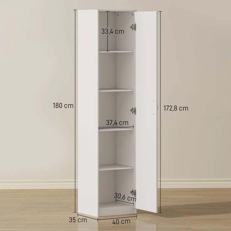 Rayofly-Küchenschrank, 5-Ebenen Aufbewahrungsschrank, verstellbare Regale, für Küche und Vorratskammer, Weiß, H 180cm x T 40cm x B 35cm,H 180.0cm x T 40.0cm x B 35.0cm,Weiß – Bild 4