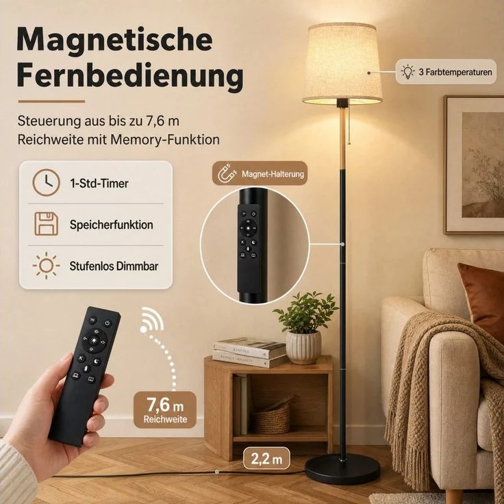 TLGREEN Stehlampe LED Stehleuchte, Wohnzimmerlampe, E27 Lampensockel, Max. 60W, mit 9W LED-Glühbirne, LED wechselbar, 170cm Höhe für Wohnzimmer, Schlafzimmer, Arbeitszimmer, Stehlampe Leinen Lampenschirm – Bild 4