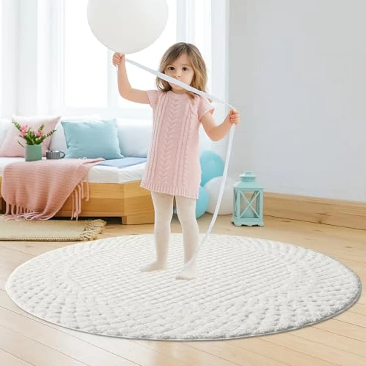 Teppich Rund - 200x200cm - Hochflor - Boho - Pastell Creme Grau - Einfarbig - Modern Raute Muster- Skandinavisch Flauschig Weich - Schlafzimmer Dekoration – Bild 5