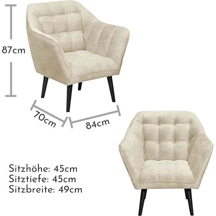 MAX Loungesessel mit Armlehnen, Cream - Bequemer Sessel gepolstert mit schwarzen Massivholz Füßen für Esszimmer & Wohnzimmer - 84 x 87 x 70 cm (B/H/T) – Bild 4