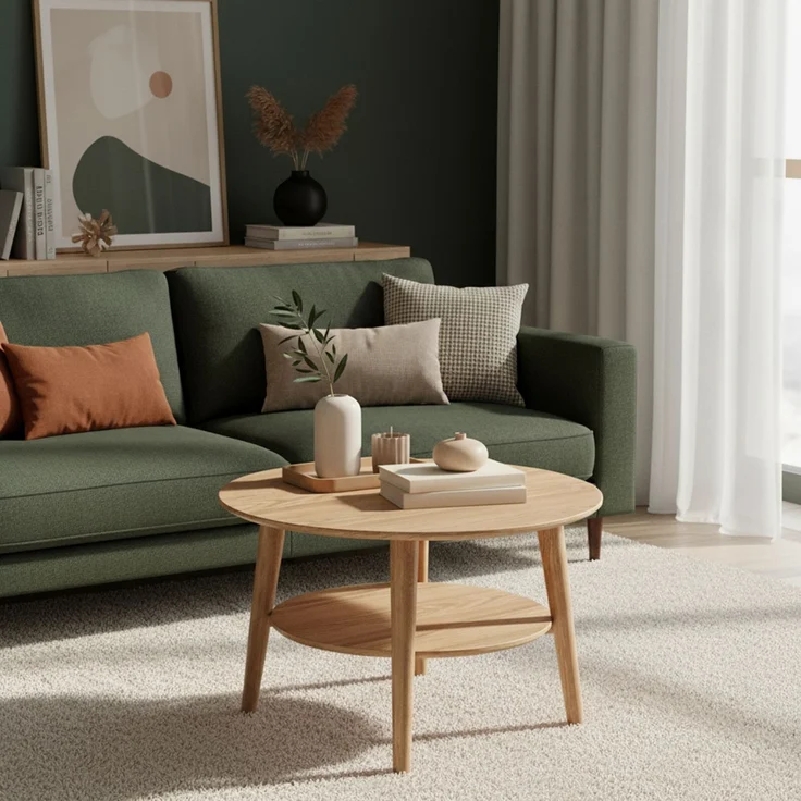 skølm 'Mjölnir' Couchtisch rund, Massivholz Eiche, natur geölt, Wohnzimmertisch Ø70 cm, Beistelltisch für Wohnzimmer mit Ablage – Bild 6