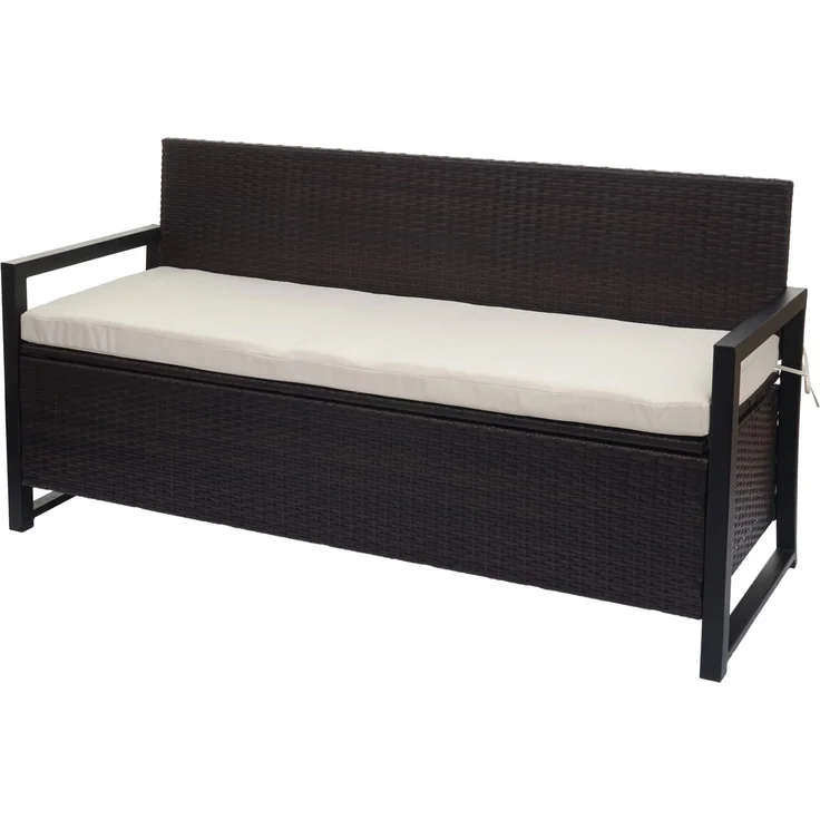 MCW Poly-Rattan 3er Sitzbank F39, braun mit cremefarbenen Kissen, integriertes Staufach und Wasserabweisendem Bezug