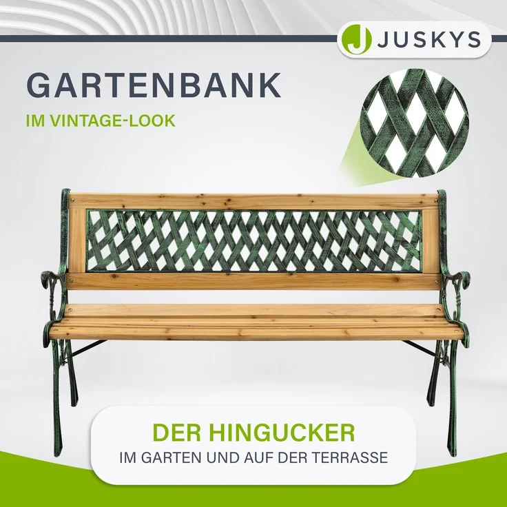 Juskys Gartenbank Pisa – 2-Sitzer Holzbank mit Armlehnen & Rückenlehne – wetterfeste Sitzbank 122x54x73 cm - Seitenelemente aus Gusseisen – Bild 2