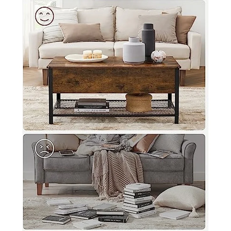 Couchtisch, Wohnzimmertisch mit Klappplatte, verstecktem Stauraum und Gitterregal, Stahlrahmen, für Wohnzimmer – Bild 5
