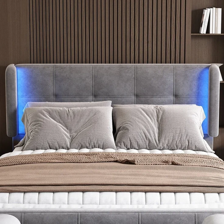 HAUSS SPOLE Polsterbett 140x200cm mit LED-Leisten, höhenverstellbares Kopfteil, Samt, Grau (Stauraum im Wohnzimmer und Schlafzimmer, MDF, Samt), Samt 140x200 cm,Inklusive Matratze – Bild 3