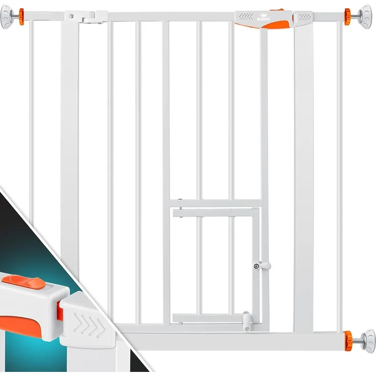 KIDIZ® Absperrgitter zum Klemmen mit Katzenklappe, Türschutzgitter, Autoclose Kinder Treppengitter ohne Bohren | 90° Stopp Schutz, schwenkbar, Treppenschutzgitter Orange, 81 - 87 cm