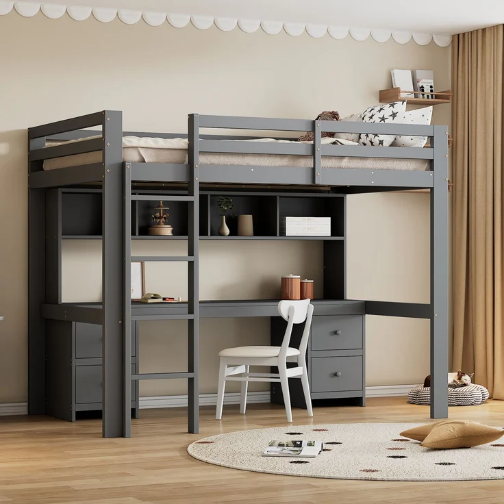 Hochbett 90x200 cm mit Schreibtisch und Stauraum,Kinderbett aus massivem Kiefernholz,Multifunktionsbett mit 4 Schubladen und 4 Regalfächern,Grau – Bild 1